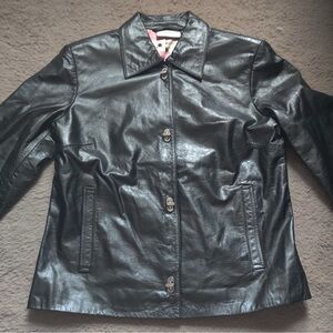 Liz Claiborne Black Leather Jacket Silver Tone Turn-lock closure Pink dot lining
